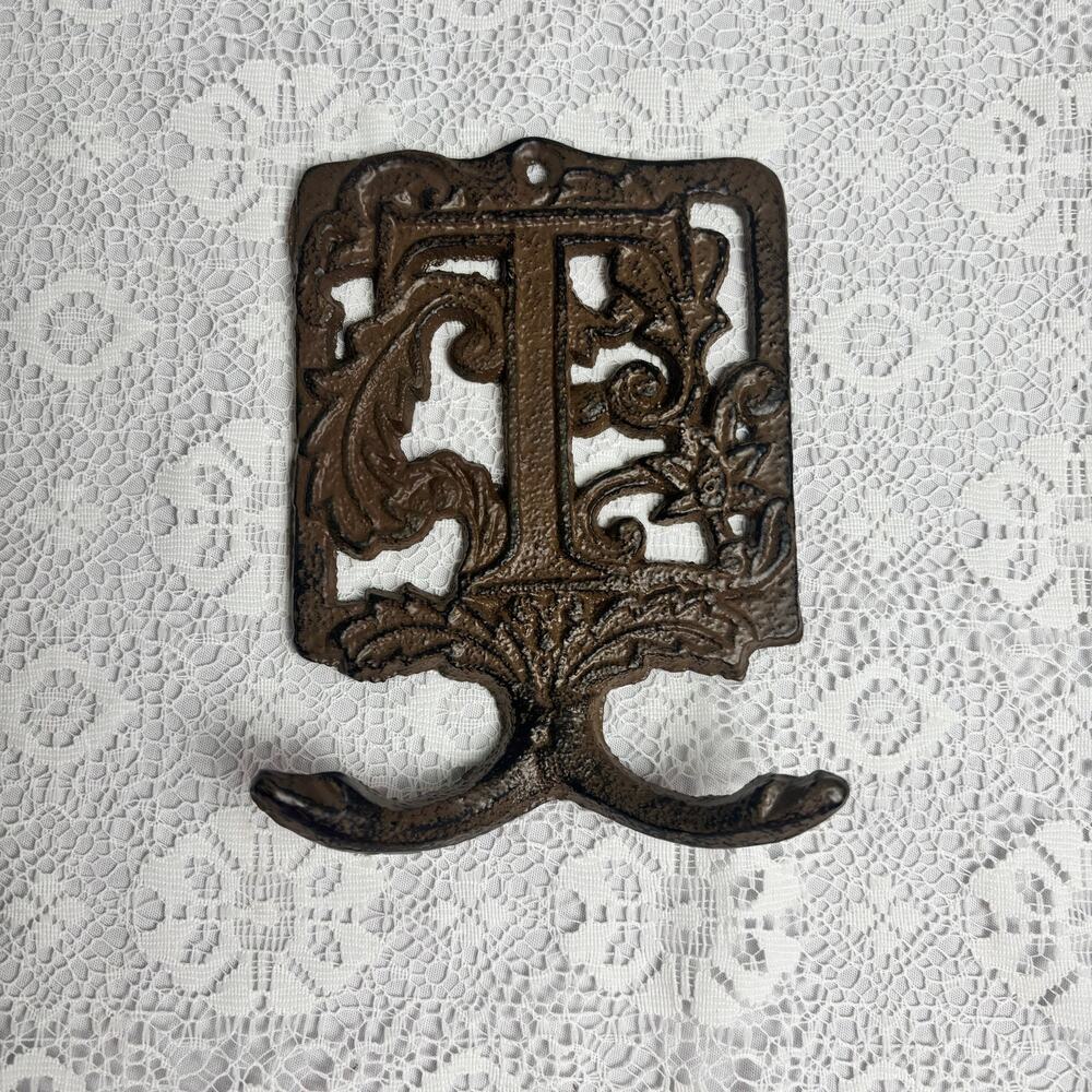 Vintage Cast Iron Wall Hook Ornate Victorian Style Rustic Brown Coat Hat Hook